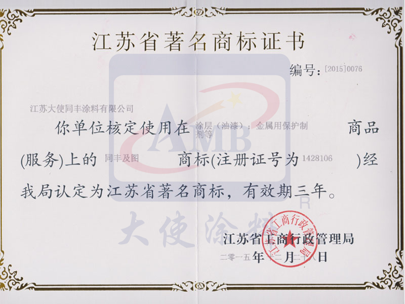 Jiangsu Famous Trademark Certificate